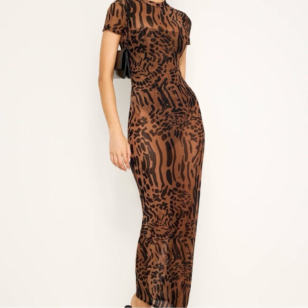 Good American Mesh Tee Maxi Dress – Leopard Print | Size Medium